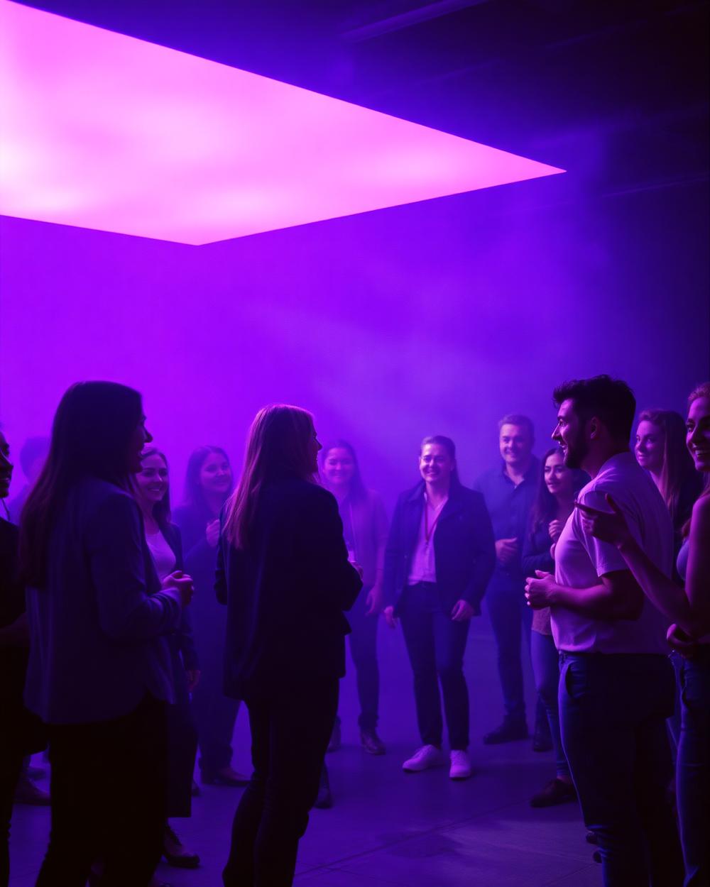 People gathered around a glowing violet light installation