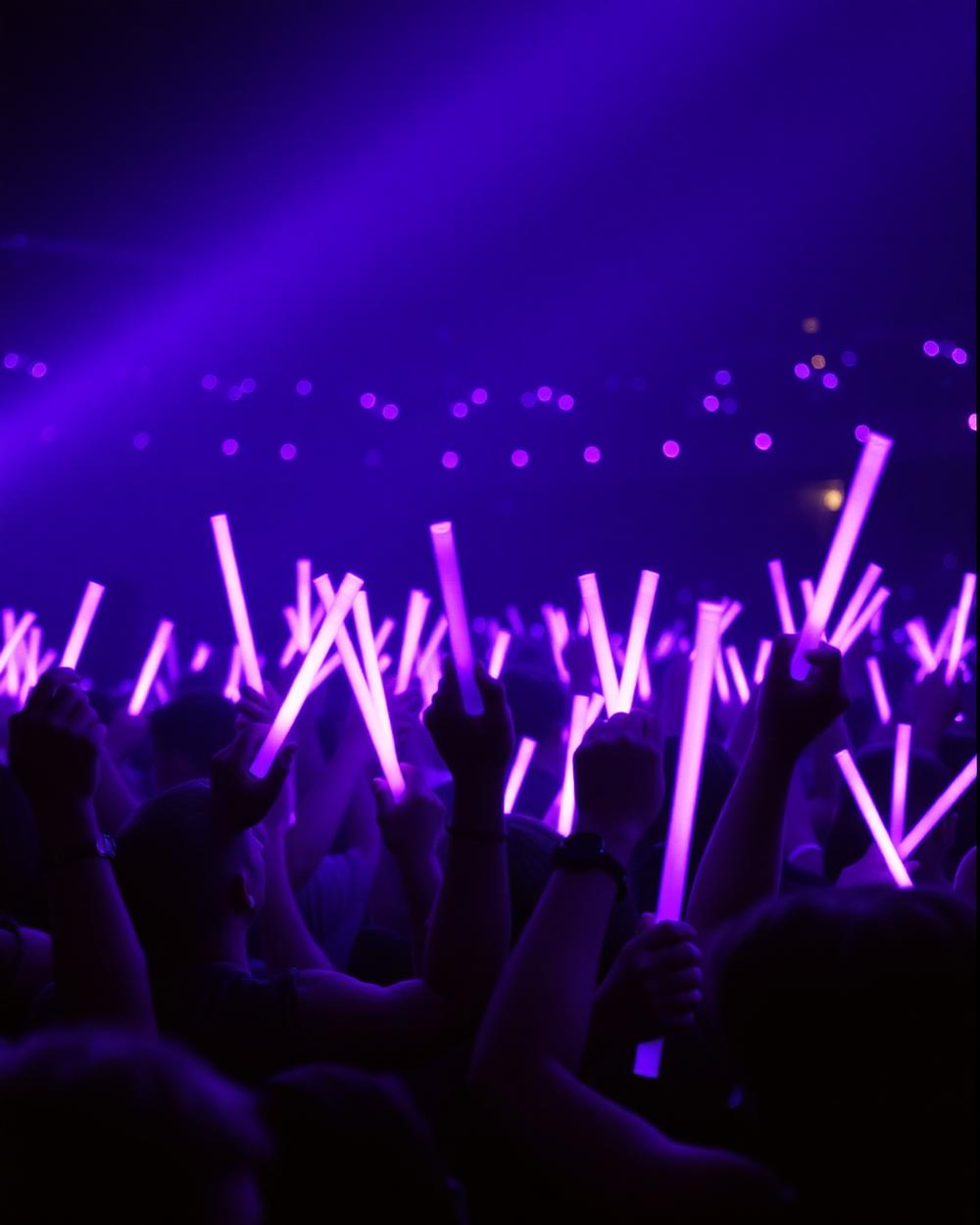 Fans holding glowing violet lightsticks in a dark arena
