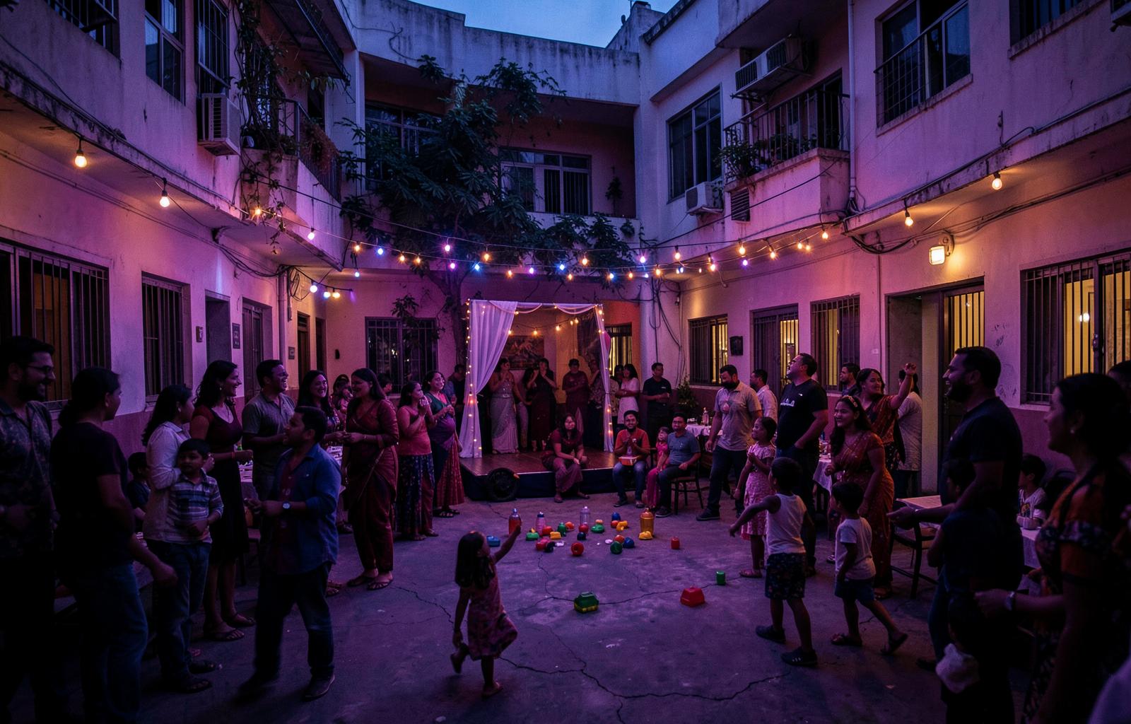 Families and children celebrating together in an apartment courtyard strung with lights at dusk